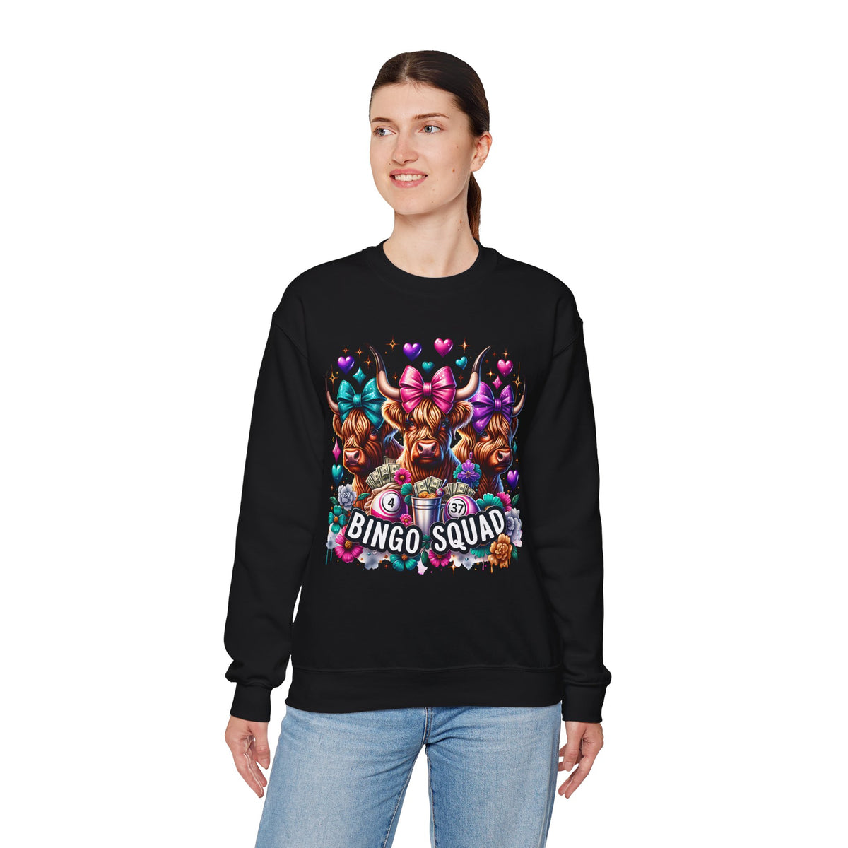 Cute Highland Cows Bingo Squad – Gildan Heavy Blend | Trendy Women’s Soft Sweatshirt. Direct to Garment. Printed & Shipped in the USA. Unisex Sizes.