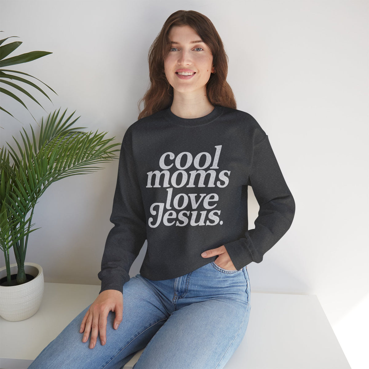 Cool Moms Love Jesus – Gildan Heavy Blend | Trendy Women’s Soft Sweatshirt. Direct to Garment. Printed & Shipped in the USA. Unisex Sizes.