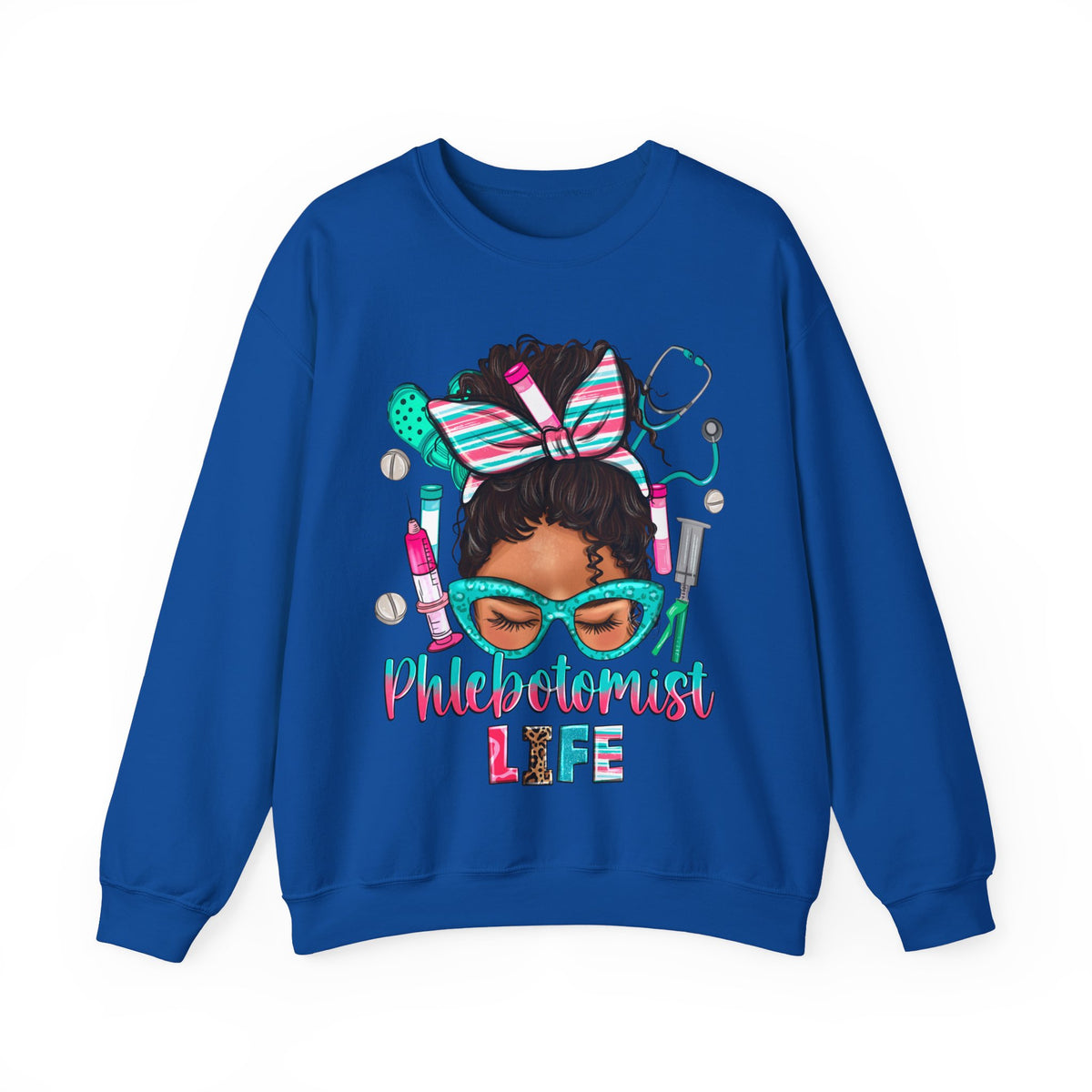 Phlebotomist Life, Messy Bun – Gildan Heavy Blend | Trendy Women’s Soft Sweatshirt. Direct to Garment. Printed & Shipped in the USA. Unisex Sizes.