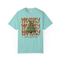 Merry Merry Merry Christmas, Faux Latch Hook Yarn - Comfort Colors | Trendy Women's T-Shirt. Direct to Garment. Printed & Shipped in the USA. Unisex Sizes.