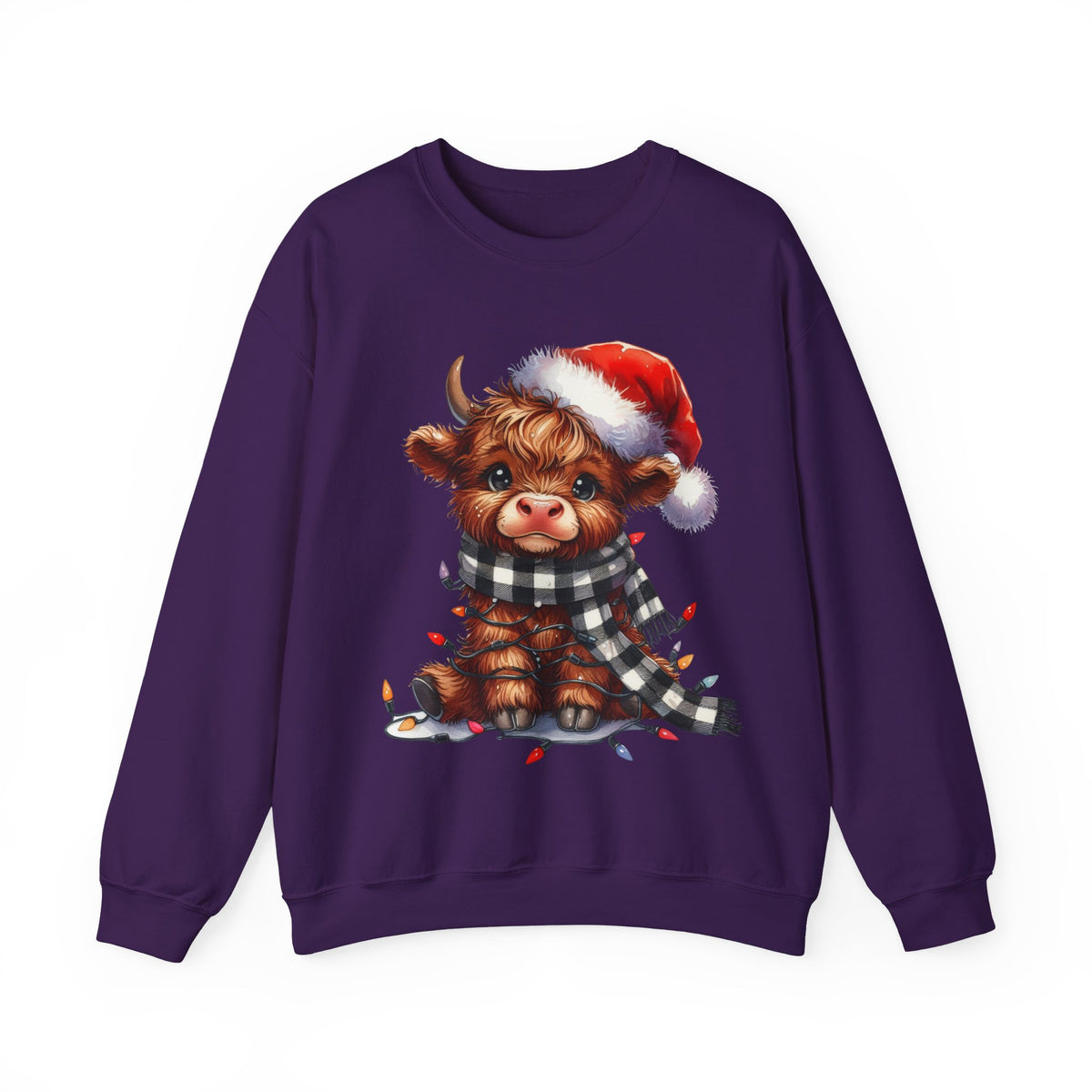Cute Highland Cow Santa Hat Scarf Christmas Lights – Gildan Heavy Blend | Trendy Women’s Soft Sweatshirt. Direct to Garment. Printed & Shipped in the USA. Unisex Sizes.