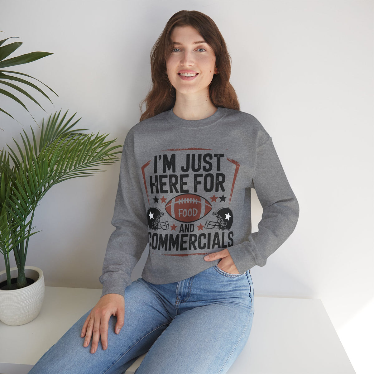 I'm Just Here for Food and Commercials – Gildan Heavy Blend | Trendy Women’s and Men's Soft Sweatshirt. Direct to Garment. Printed & Shipped in the USA. Unisex Sizes.