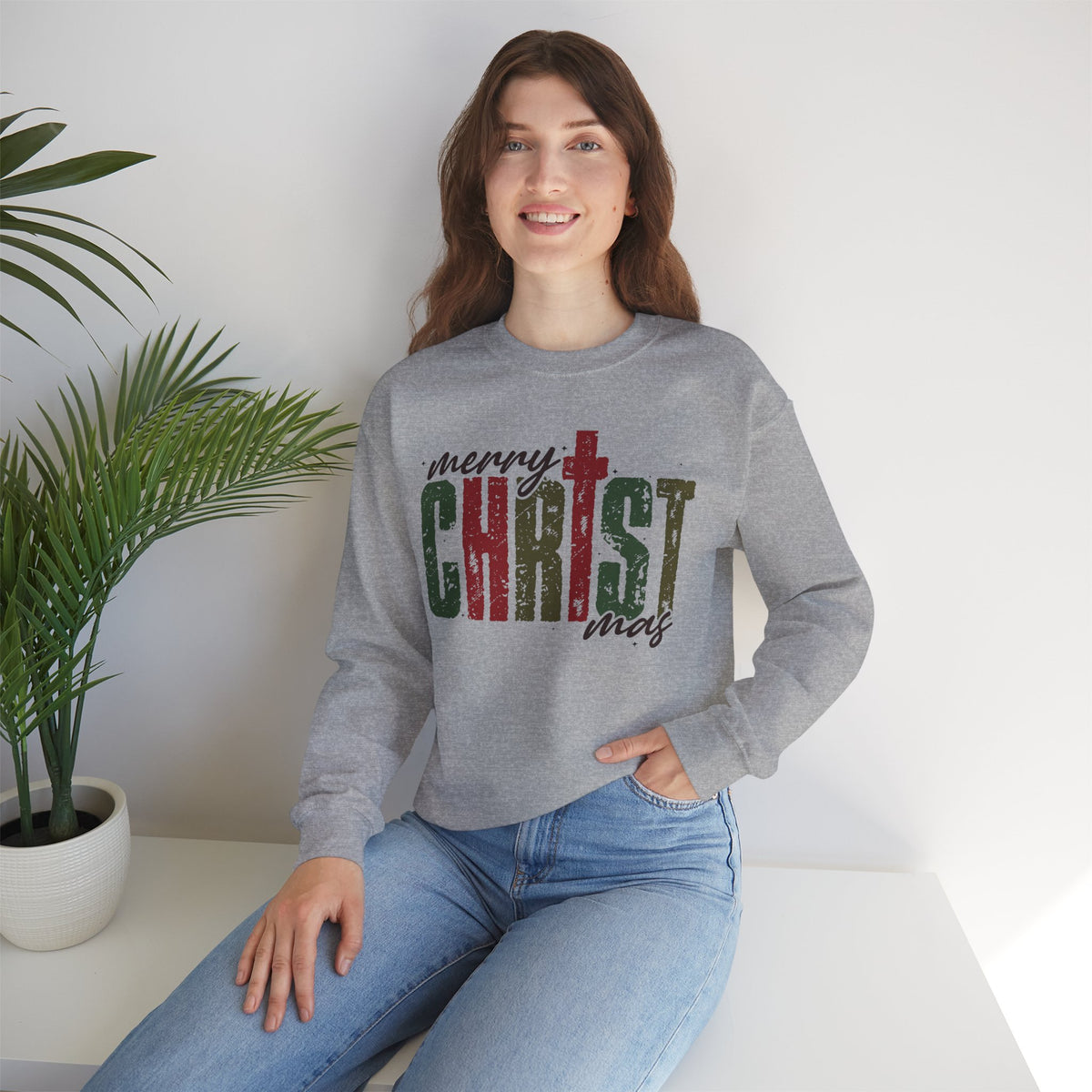 Distressed Merry ChrisTmas Faith Christian – Gildan Heavy Blend | Trendy Women’s Soft Sweatshirt. Direct to Garment. Printed & Shipped in the USA. Unisex Sizes.