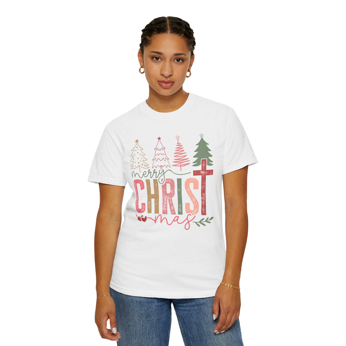 Merry ChrisTmas Christian Faith Graphic - Comfort Colors | Trendy Women's T-Shirt. Direct to Garment. Printed & Shipped in the USA. Unisex Sizes.
