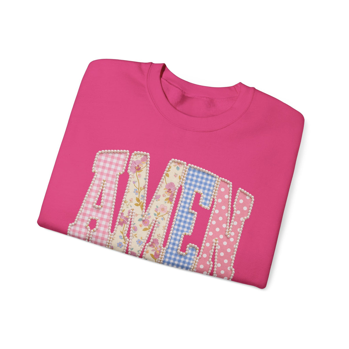 Pastel faux Patchwork AMEN with faux Pearls – Gildan Heavy Blend | Trendy Women’s Soft Sweatshirt. Direct to Garment. Printed & Shipped in the USA. Unisex Sizes.