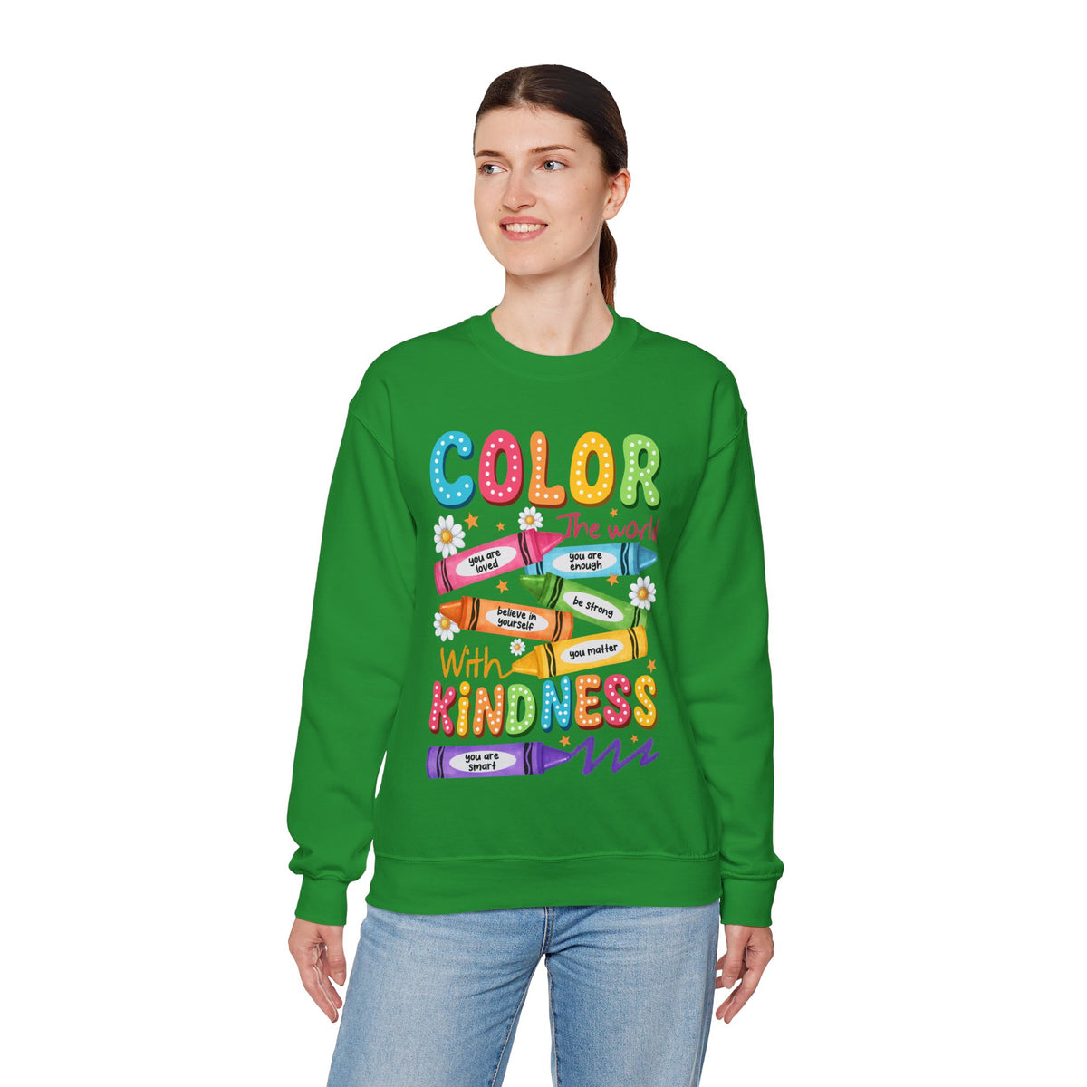 Color the World With Kindness Crayons, Great Teacher Gift – Gildan Heavy Blend | Trendy Women’s and Men's Soft Sweatshirt. Direct to Garment. Printed & Shipped in the USA. Unisex Sizes.