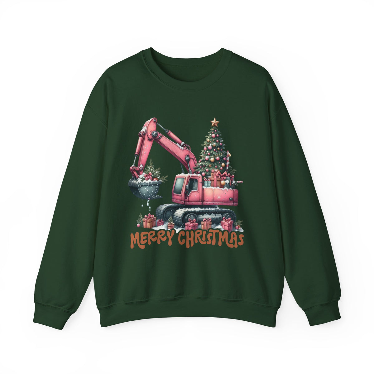 Excavator Merry Christmas Construction – Gildan Heavy Blend | Trendy Women’s Soft Sweatshirt. Direct to Garment. Printed & Shipped in the USA. Unisex Sizes.