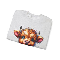 Coffee Addict Highland Cow Drinking Iced Coffee – Gildan Heavy Blend | Trendy Women’s Soft Sweatshirt. Direct to Garment. Printed & Shipped in the USA. Unisex Sizes.
