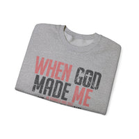 When God Made Me "This'll Be Fun" Christian Faith Distressed – Gildan Heavy Blend | Trendy Women’s and Men's Soft Sweatshirt. Direct to Garment. Printed & Shipped in the USA. Unisex Sizes.
