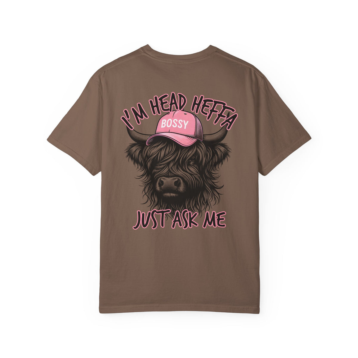 Head Heffa Highland Cow, Front & Back Print - Comfort Colors | Trendy Women's T-Shirt. Direct to Garment. Printed & Shipped in the USA. Unisex Sizes.