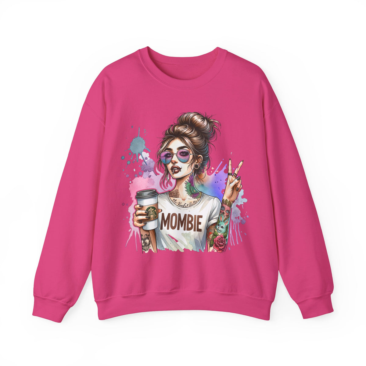 Cool Mombie with Coffee Peace Tattoo - Tired Mom – Gildan Heavy Blend | Trendy Women’s Soft Sweatshirt. Direct to Garment. Printed & Shipped in the USA. Unisex Sizes.