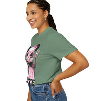 Cute But Feral, Possum in Pink Bibs - Comfort Colors | Trendy Women's T-Shirt. Direct to Garment. Printed & Shipped in the USA. Unisex Sizes.