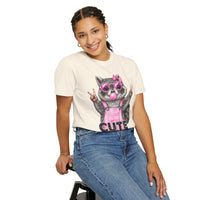 Cute But Feral, Raccoon in Pink Bibs - Comfort Colors | Trendy Women's T-Shirt. Direct to Garment. Printed & Shipped in the USA. Unisex Sizes.