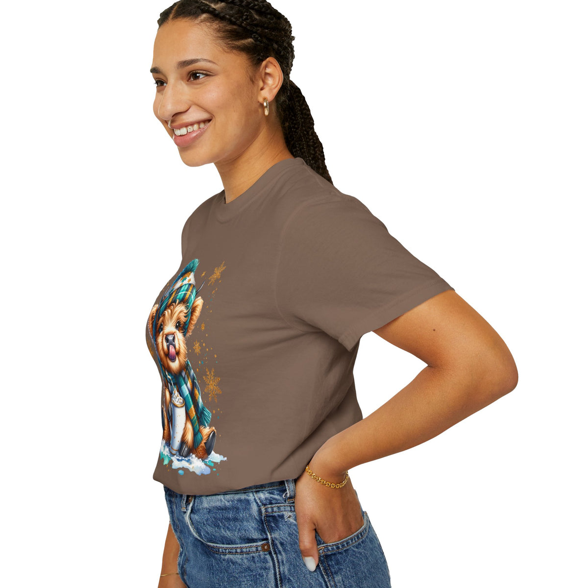 Winter Baby Highland Cow with Cocoa  - Comfort Colors | Trendy Women's T-Shirt. Direct to Garment. Printed & Shipped in the USA. Unisex Sizes.