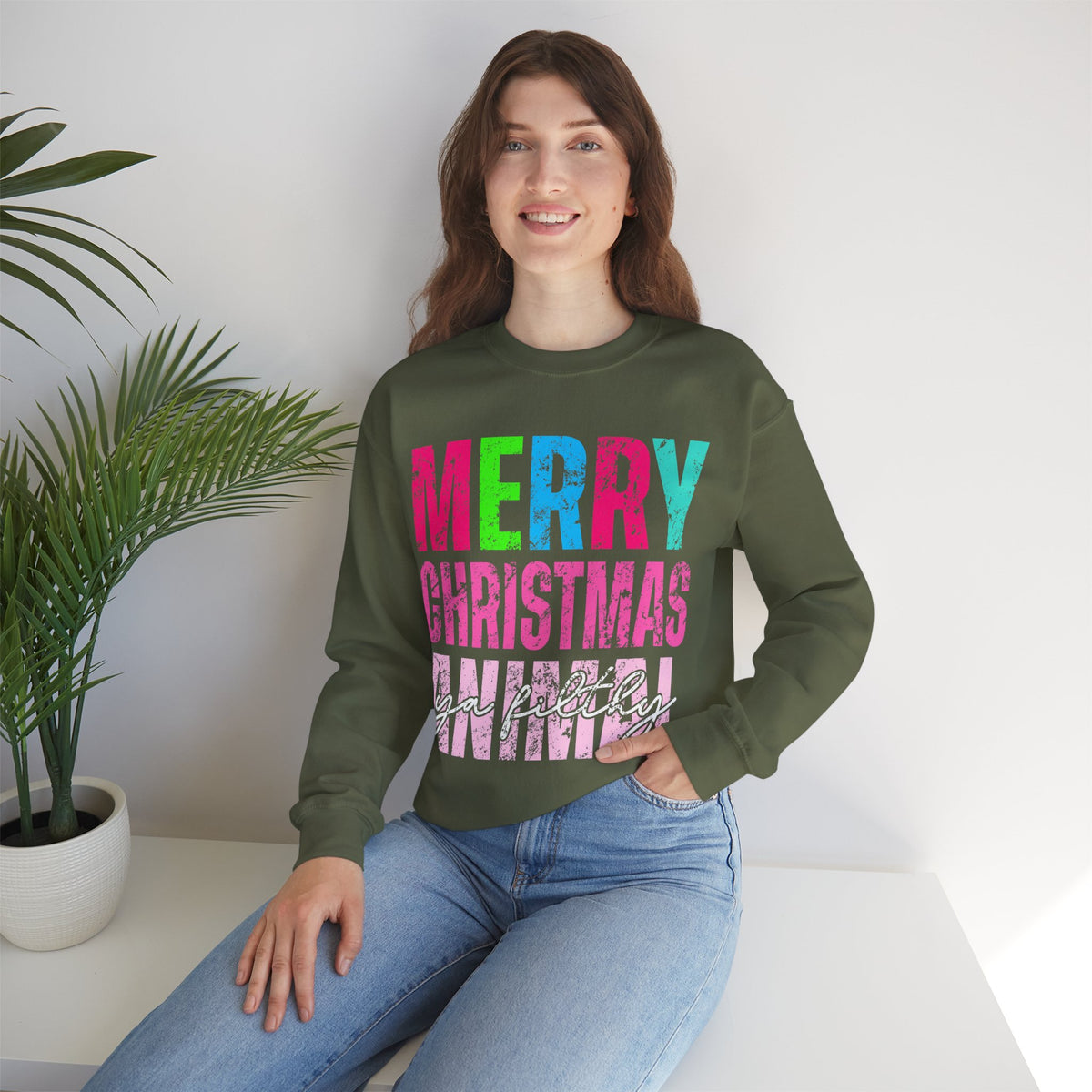 Merry Christmas Ya Filthy Animal – Gildan Heavy Blend | Trendy Women’s Soft Sweatshirt. Direct to Garment. Printed & Shipped in the USA. Unisex Sizes.