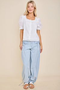 Striped Soft-Denim Balloon Pants with Front Patch Pockets & Faux Back Pockets