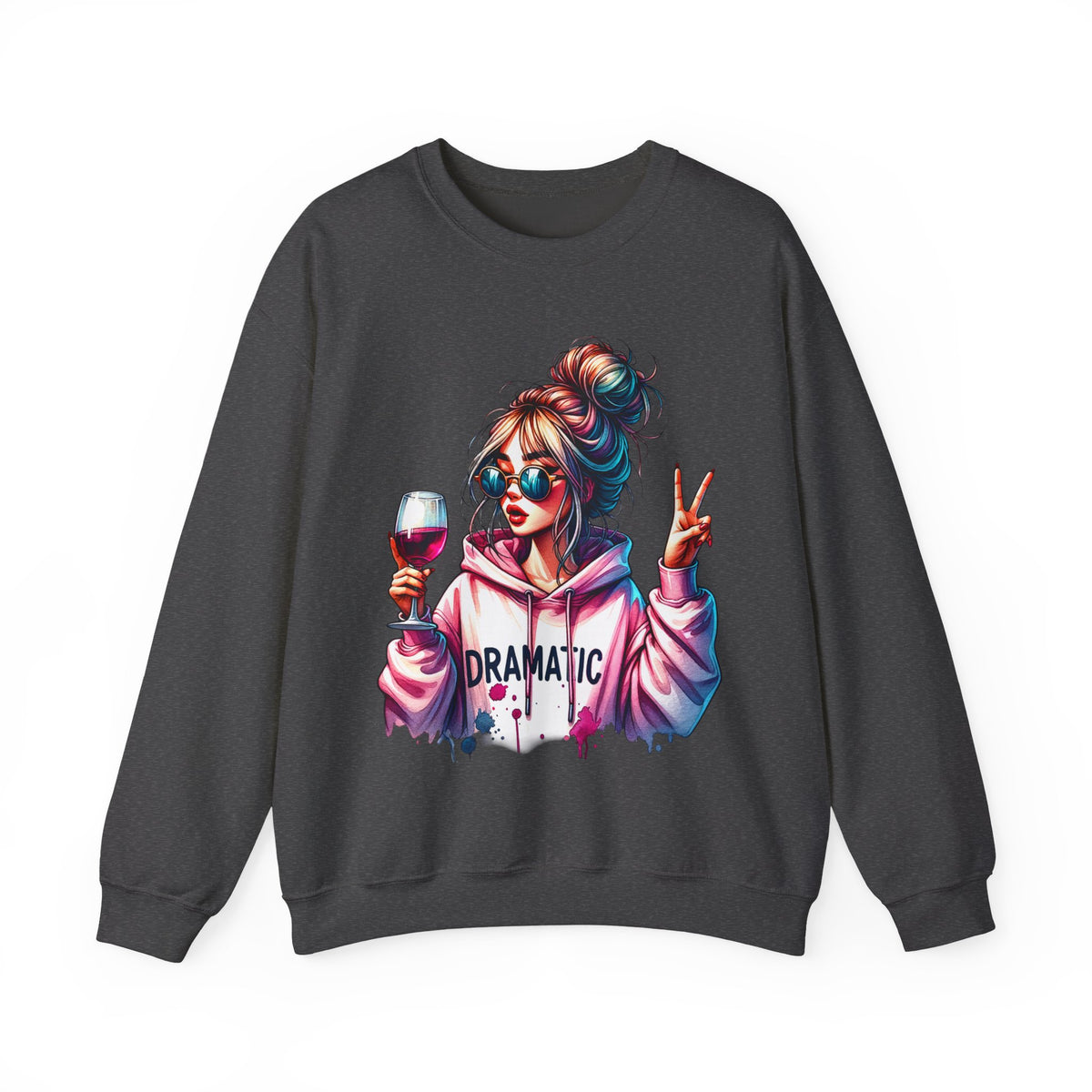Dramatic Girl With Wine Messy Bun Peace Sign – Gildan Heavy Blend | Trendy Women’s Soft Sweatshirt. Direct to Garment. Printed & Shipped in the USA. Unisex Sizes.