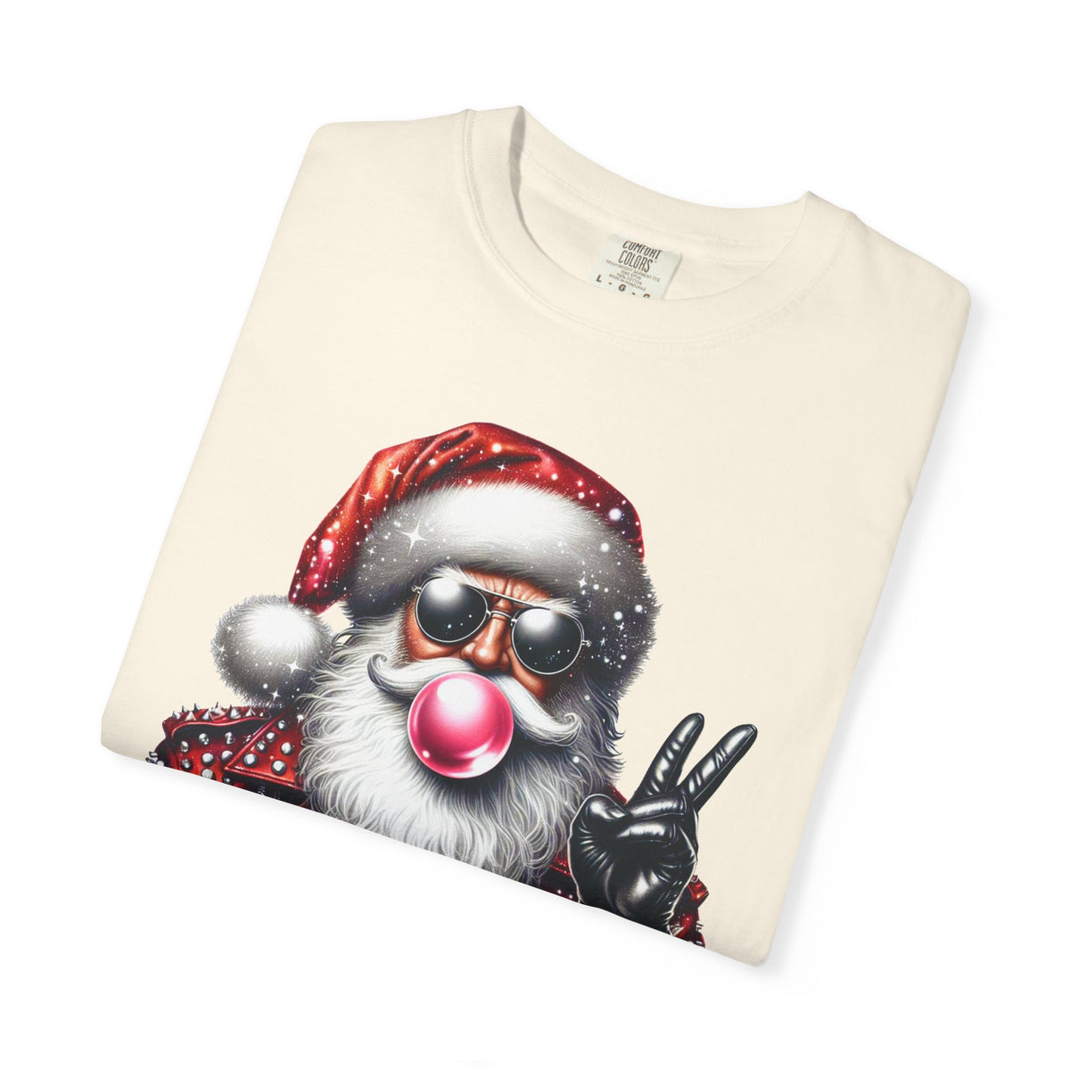 Biker Santa Leather Jacket Bubblegum - Comfort Colors | Trendy Women's and Men's T-Shirt. Direct to Garment. Printed & Shipped in the USA. Unisex Sizes.