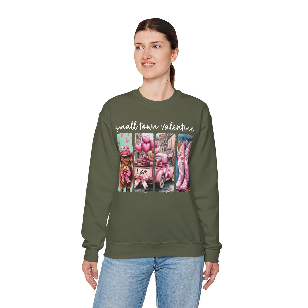 Small Town Valentine – Gildan Heavy Blend | Trendy Women’s Soft Sweatshirt. Direct to Garment. Printed & Shipped in the USA. Unisex Sizes.