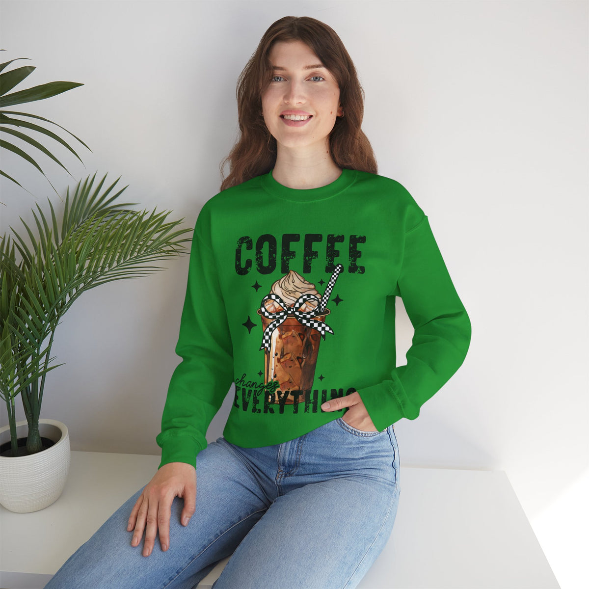 Coffee Changes Everything, Iced Coffee, Coffee Lovers – Gildan Heavy Blend | Trendy Women’s Soft Sweatshirt. Direct to Garment. Printed & Shipped in the USA. Unisex Sizes.