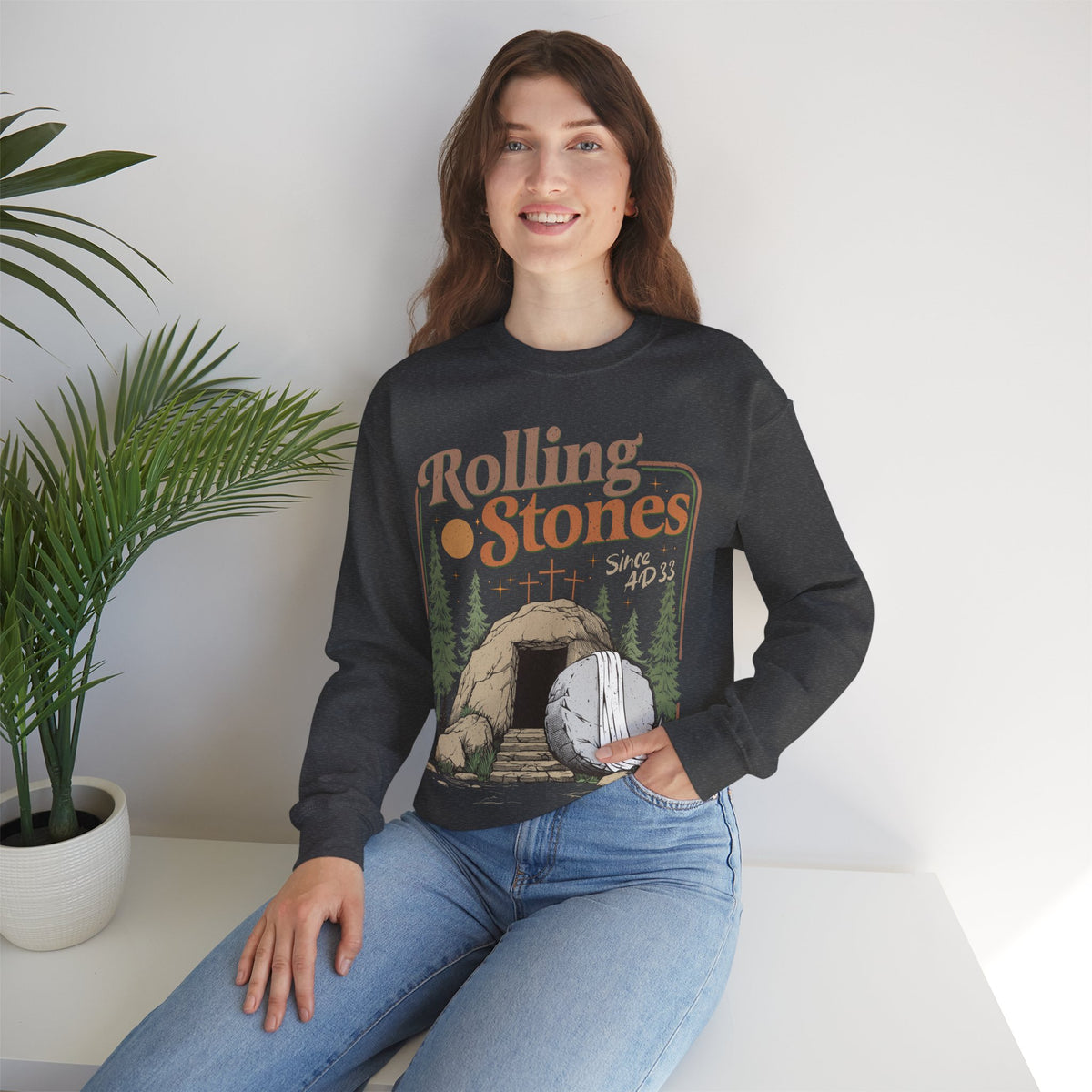 Rolling Stones "Since AD33" Easter Empty Tomb Christian – Gildan Heavy Blend | Trendy Men's and Women’s Soft Sweatshirt. Direct to Garment. Printed & Shipped in the USA. Unisex Sizes.