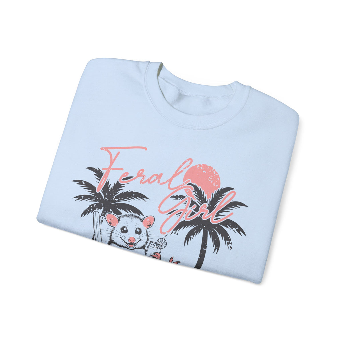 Feral Girl Summer, Possum on a Beach – Gildan Heavy Blend | Trendy Women’s Soft Sweatshirt. Direct to Garment. Printed & Shipped in the USA. Unisex Sizes.