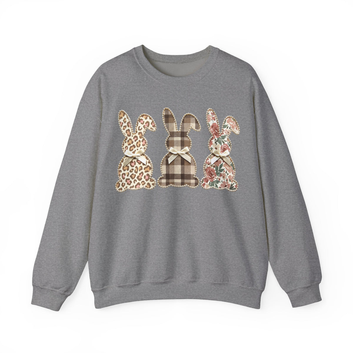 Easter Bunny Trio, Leopard, Plaid & Floral - Faux Pearl Outline – Gildan Heavy Blend | Trendy Women’s Soft Sweatshirt. Direct to Garment. Printed & Shipped in the USA. Unisex Sizes.