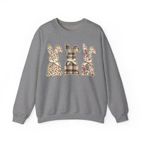 Easter Bunny Trio, Leopard, Plaid & Floral - Faux Pearl Outline – Gildan Heavy Blend | Trendy Women’s Soft Sweatshirt. Direct to Garment. Printed & Shipped in the USA. Unisex Sizes.