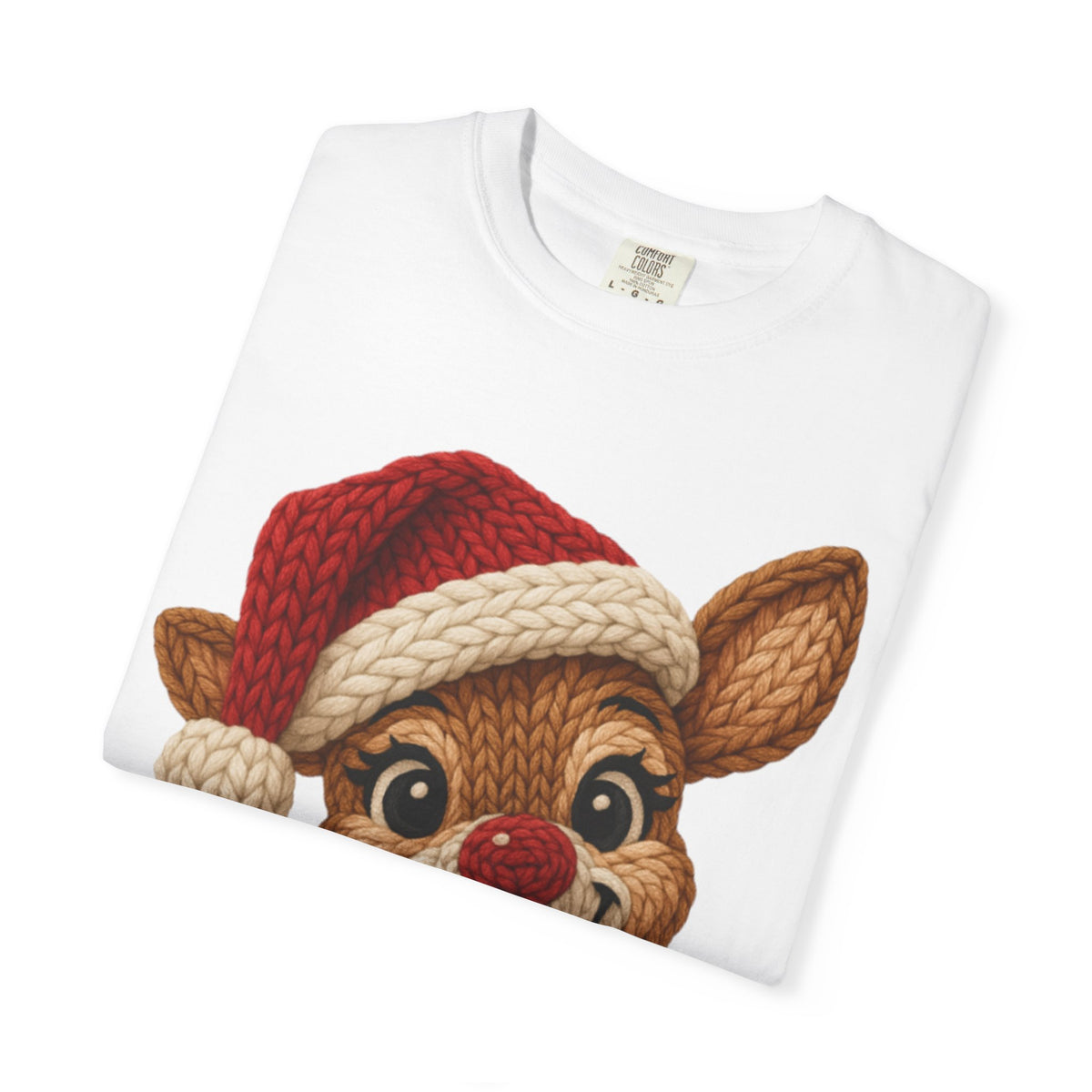 Cute Rudolph Faux Knit Look Reindeer w/Santa Hat - Comfort Colors | Trendy Women's T-Shirt. Direct to Garment. Printed & Shipped in the USA. Unisex Sizes.
