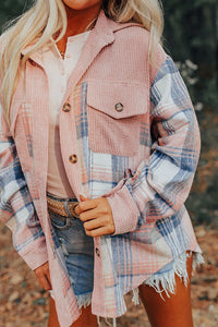 Light Pink Corduroy and Soft Plaid Shacket with Pockets