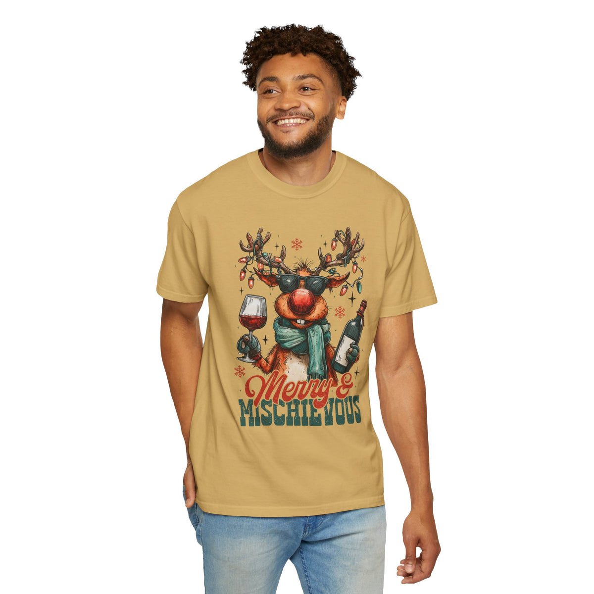 Merry & Mischievous Reindeer - Comfort Colors | Trendy Women's and Men's T-Shirt. Direct to Garment. Printed & Shipped in the USA. Unisex Sizes.
