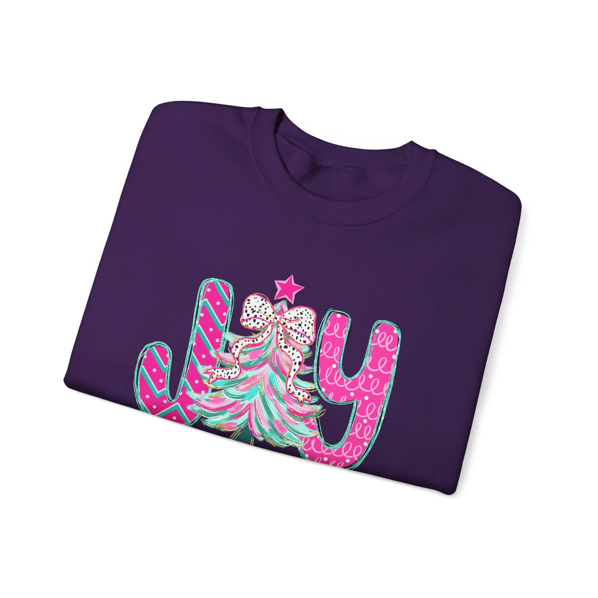 Joy to the World w/Christmas Tree Pink and Teal – Gildan Heavy Blend | Trendy Women’s Soft Sweatshirt. Direct to Garment. Printed & Shipped in the USA. Unisex Sizes.