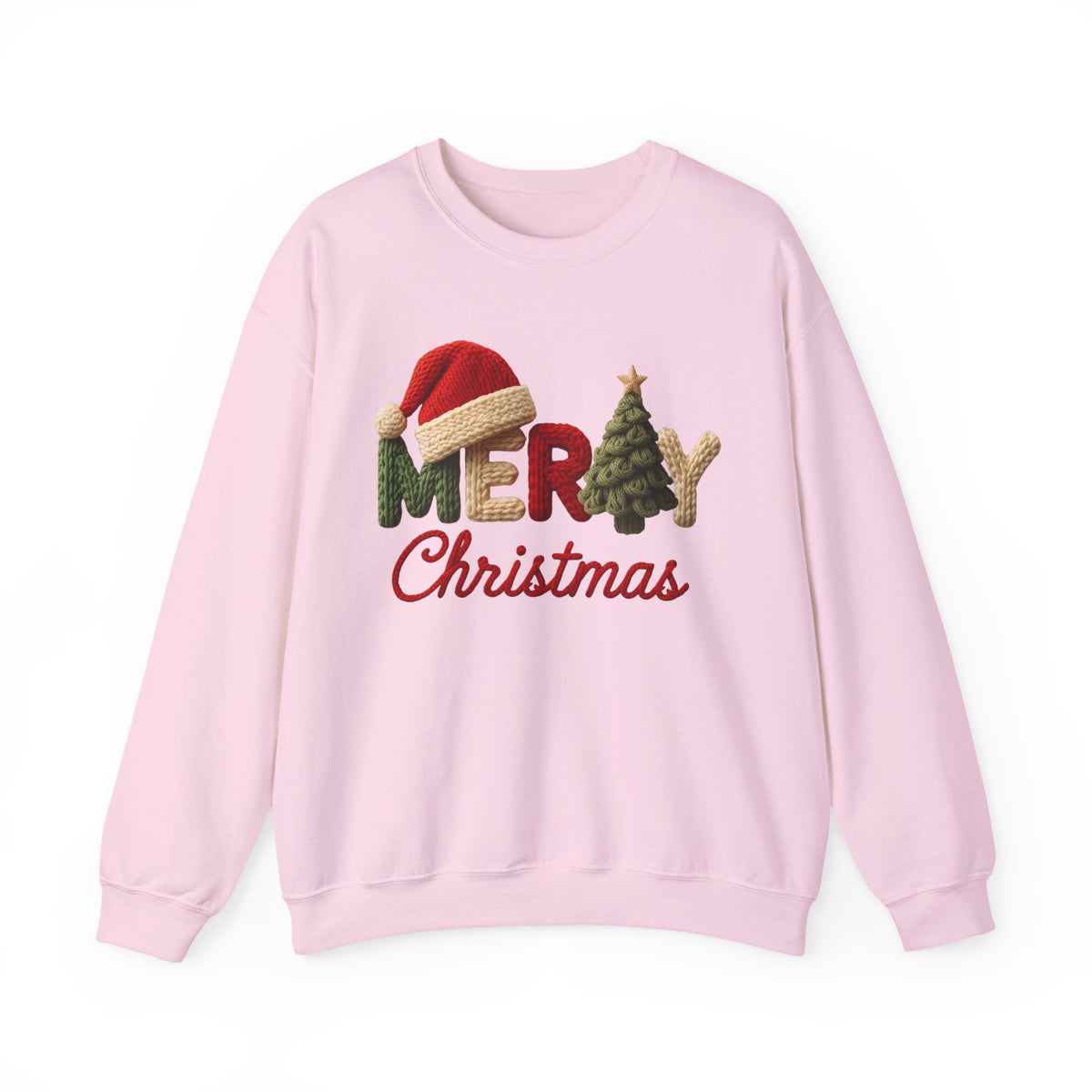 Merry Christmas Faux Yarn w/Santa Hat & Tree – Gildan Heavy Blend | Trendy Women’s Soft Sweatshirt. Direct to Garment. Printed & Shipped in the USA. Unisex Sizes.