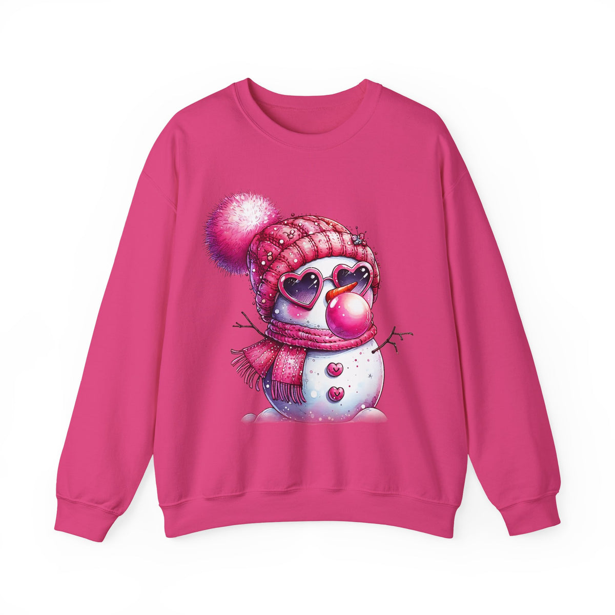 Pink Girly Snowman with Heart Sunglasses and Bubblegum - Winter – Gildan Heavy Blend | Trendy Women’s Soft Sweatshirt. Direct to Garment. Printed & Shipped in the USA. Unisex Sizes.
