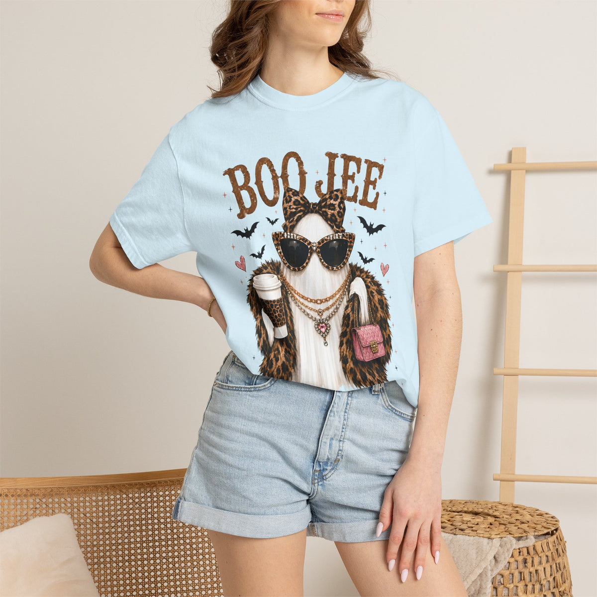 BooJee Ghost with Coffee - Halloween - Comfort Colors | Trendy Women's T-Shirt. Direct to Garment. Printed & Shipped in the USA. Unisex Sizes.