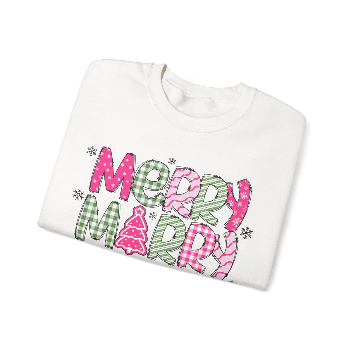 Merry Merry Merry Christmas Festive Candy Cane - Pink and Green – Gildan Heavy Blend | Trendy Women’s Soft Sweatshirt. Direct to Garment. Printed & Shipped in the USA. Unisex Sizes.
