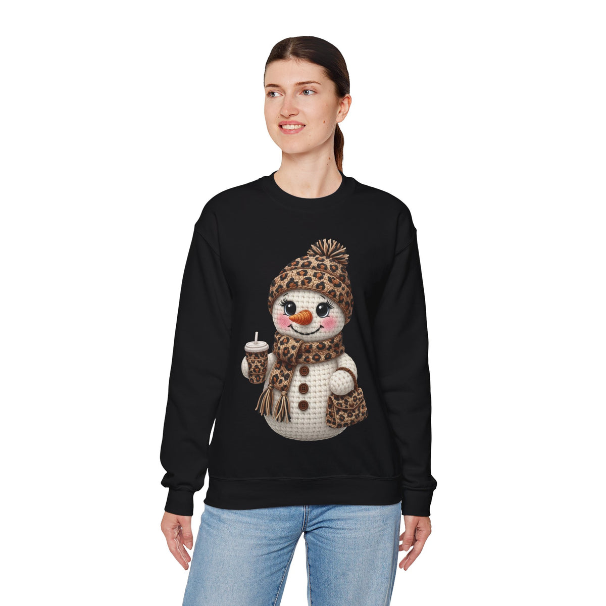 Leopard Snowman - Leopard Purse, Drink, Hat & Scarf – Gildan Heavy Blend | Trendy Women’s Soft Sweatshirt. Direct to Garment. Printed & Shipped in the USA. Unisex Sizes.