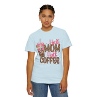 Half Mom Half Coffee. Cute Leopard Print Coffee Design - Comfort Colors | Trendy Women's T-Shirt. Direct to Garment. Printed & Shipped in the USA. Unisex Sizes.