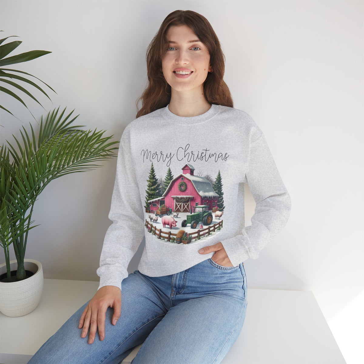 Merry Christmas Pink Barn Farm Animals – Gildan Heavy Blend | Trendy Women’s Soft Sweatshirt. Direct to Garment. Printed & Shipped in the USA. Unisex Sizes.