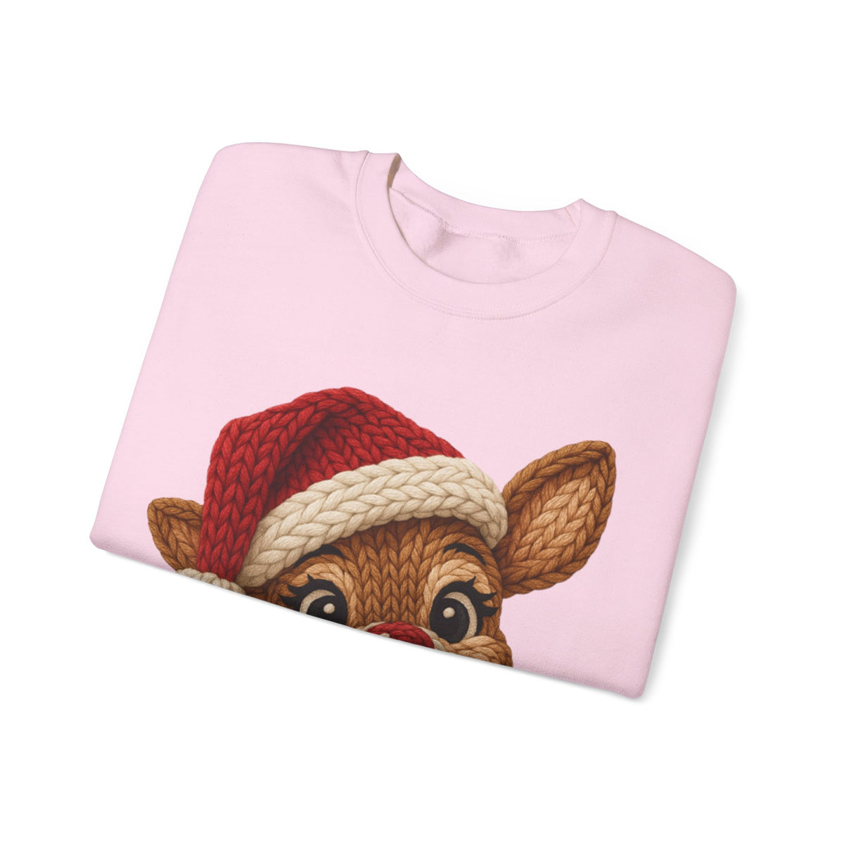 Cute Rudolph Faux Knit Look Reindeer w/Santa Hat – Gildan Heavy Blend | Trendy Women’s Soft Sweatshirt. Direct to Garment. Printed & Shipped in the USA. Unisex Sizes.