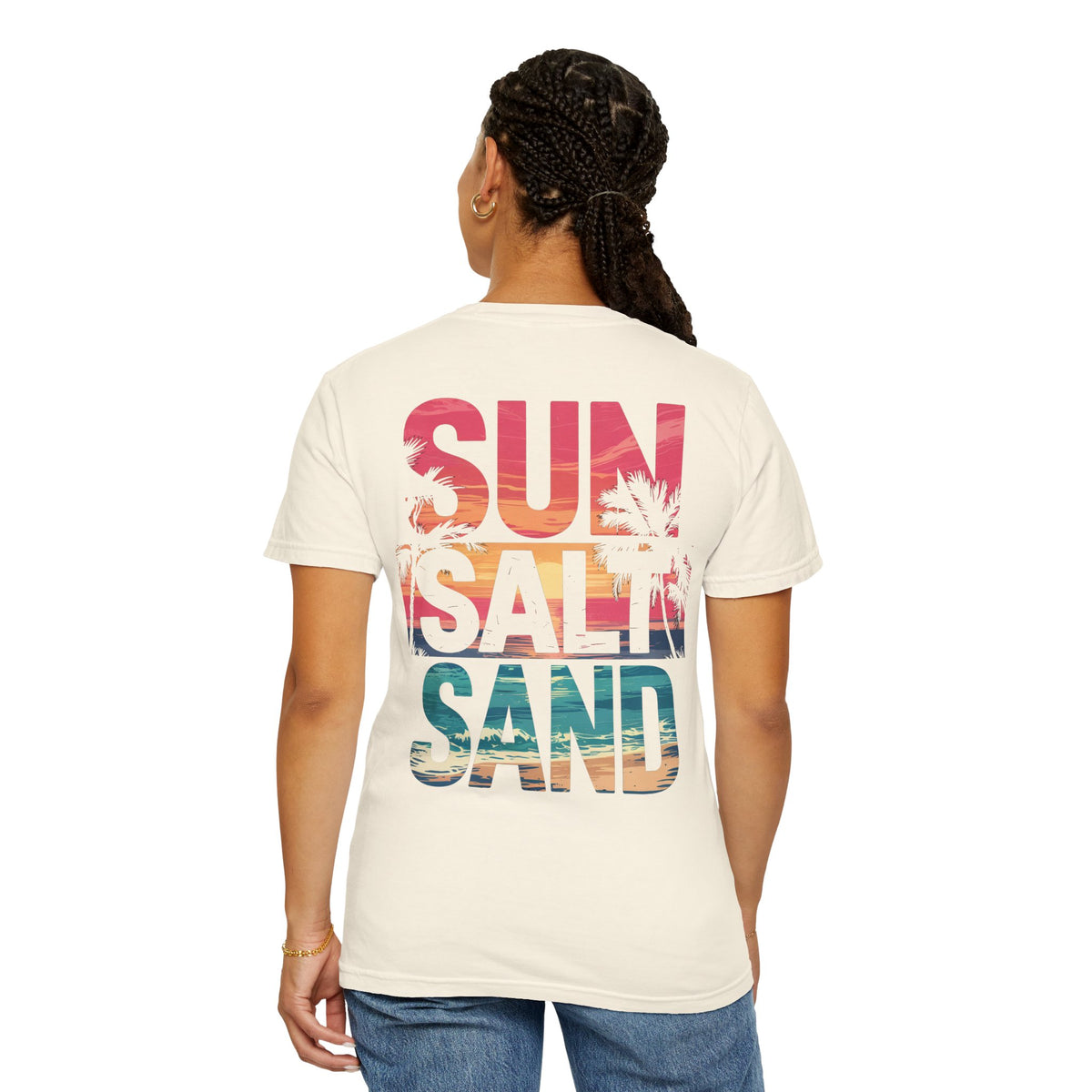 Sun Salt Sand, Beach Sunset - Front & Back Print - Comfort Colors | Trendy Women's and Men's T-Shirt. Direct to Garment. Printed & Shipped in the USA. Unisex Sizes.