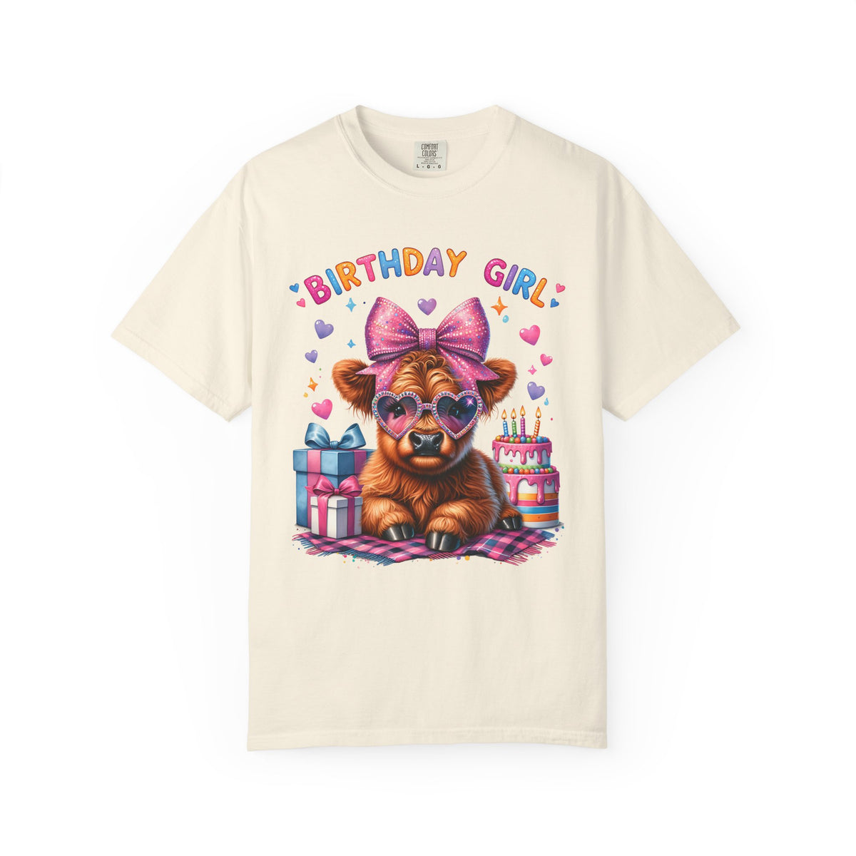 Birthday Girl, Highland Cow - Comfort Colors | Trendy Women's T-Shirt. Direct to Garment. Printed & Shipped in the USA. Unisex Sizes.