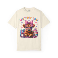 Birthday Girl, Highland Cow - Comfort Colors | Trendy Women's T-Shirt. Direct to Garment. Printed & Shipped in the USA. Unisex Sizes.