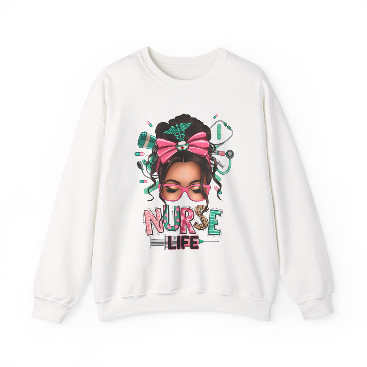 Nurse Life Messy Bun, Cute Stethescope & Syringe – Gildan Heavy Blend | Trendy Women’s Soft Sweatshirt. Direct to Garment. Printed & Shipped in the USA. Unisex Sizes.