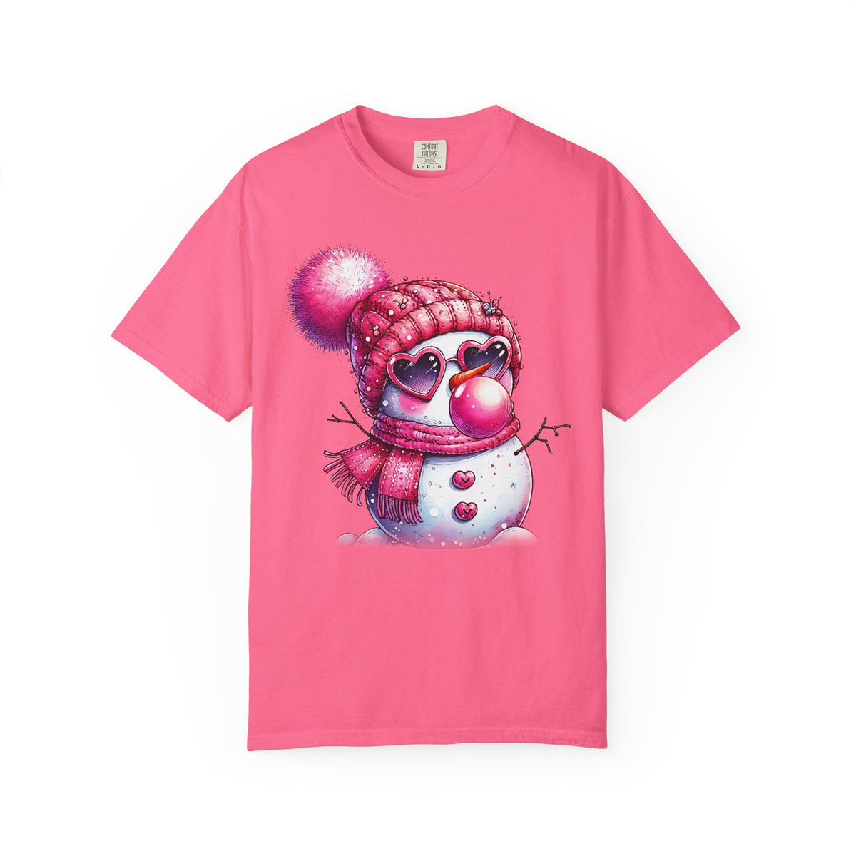 Pink Girly Snowman with Heart Sunglasses and Bubblegum Winter - Comfort Colors | Trendy Women's T-Shirt. Direct to Garment. Printed & Shipped in the USA. Unisex Sizes.