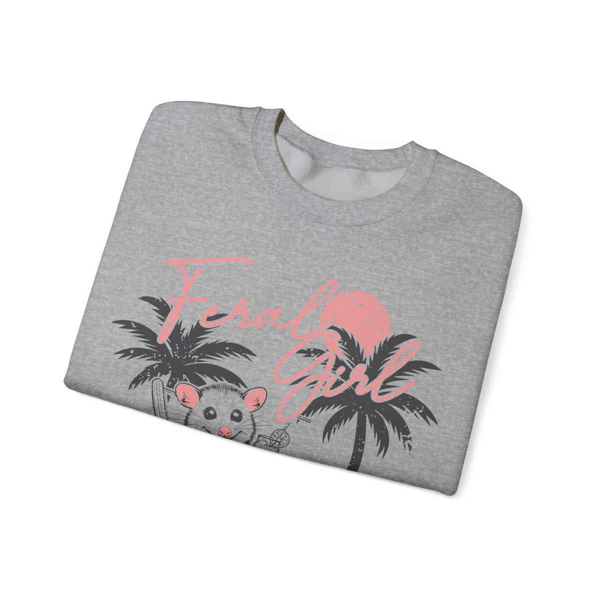 Feral Girl Summer, Possum on a Beach – Gildan Heavy Blend | Trendy Women’s Soft Sweatshirt. Direct to Garment. Printed & Shipped in the USA. Unisex Sizes.