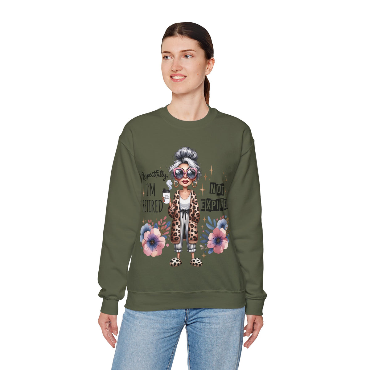 Retired Not Expired Crewneck Sweatshirt — Funny Retro Grandma Graphic