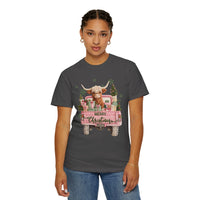 Highland Cow in Pink Truck Merry Christmas Holiday Farmhouse - Comfort Colors | Trendy Women's T-Shirt. Direct to Garment. Printed & Shipped in the USA. Unisex Sizes.
