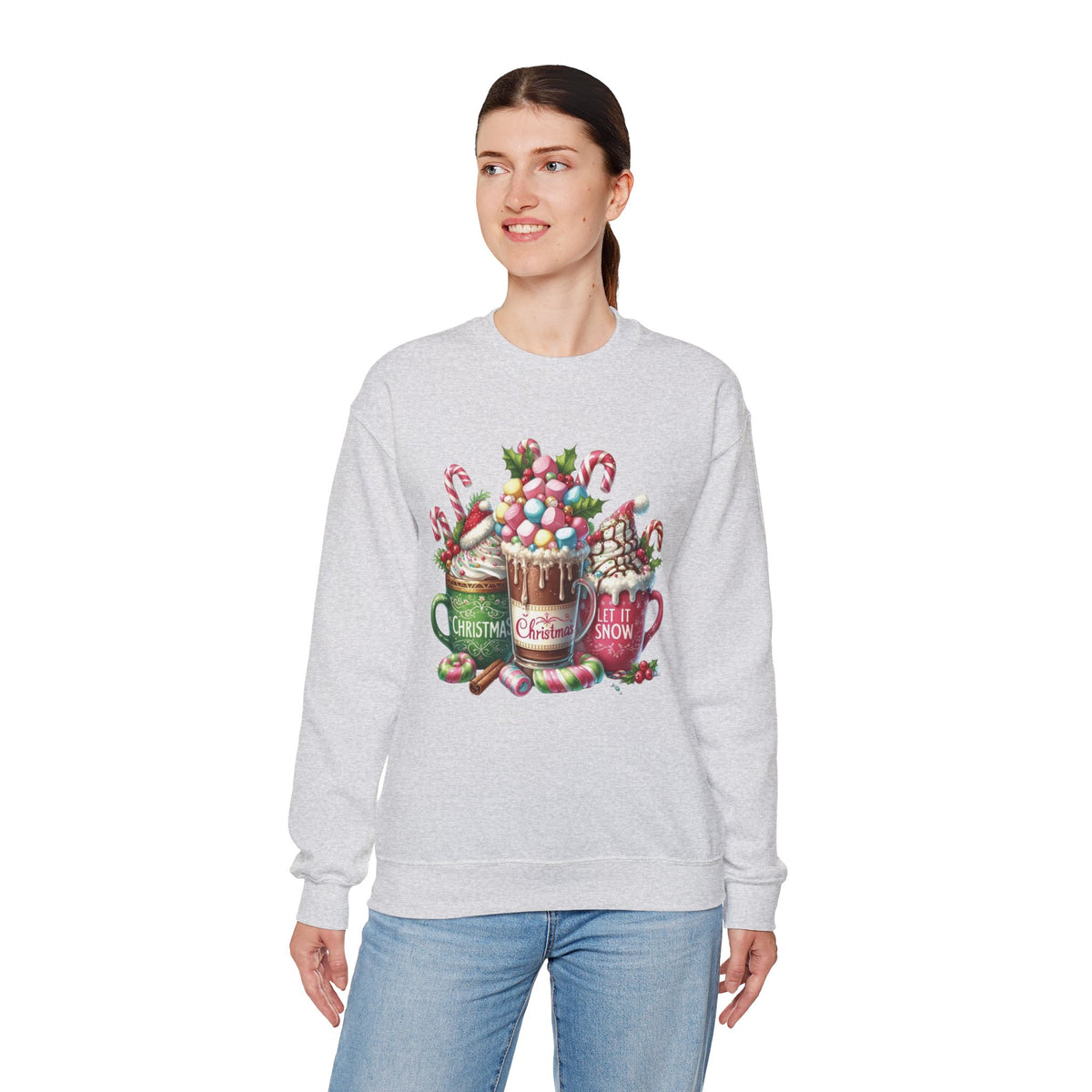 Hot Chocolate Mugs Christmas Hot Cocoa – Gildan Heavy Blend | Trendy Women’s Soft Sweatshirt. Direct to Garment. Printed & Shipped in the USA. Unisex Sizes.