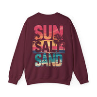 Sun Salt Sand, Beach Sunset - Front & Back Print – Gildan Heavy Blend | Trendy Women’s and Men's Soft Sweatshirt. Direct to Garment. Printed & Shipped in the USA. Unisex Sizes.